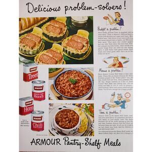 1950 Armour Pantry-Shelf Meal Canned Good Delicious Problem Solvers Vtg Print Ad